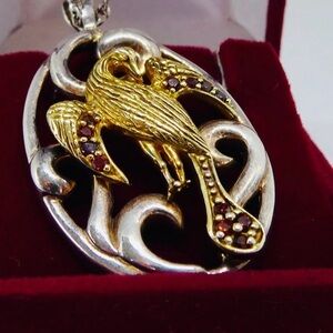 Phoenix or Crane stirling silver Pendant with gold vermeil and garnet accents